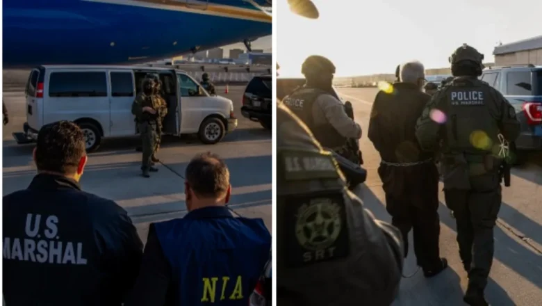 கால்கள் மற்றும் இடுப்பு சங்கிலியால் பிணைக்கப்பட்டு தஹாவ்வூர் ராணா இந்தியாவிடம் ஒப்படைக்கப்பட்டார்.